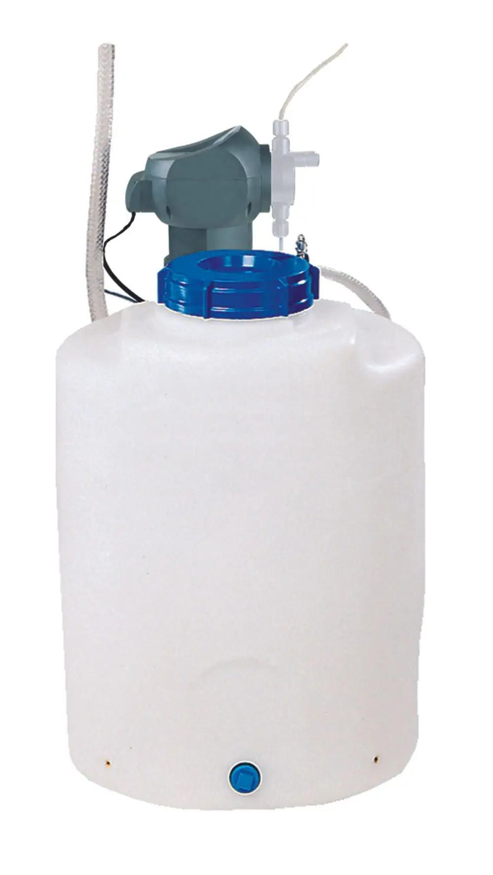 Weiße Dosieranlage mit blauem Deckel und Behälter, ausgestattet mit Pumpenanschluss und Schlauch, hergestellt von BWT. Ideal für chemische Dosierungen.